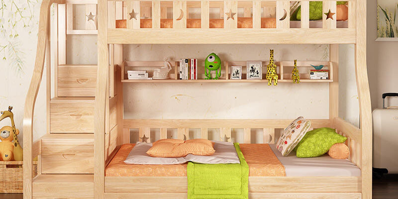 modern bedroom wooden bunk beds with stairs and storage
