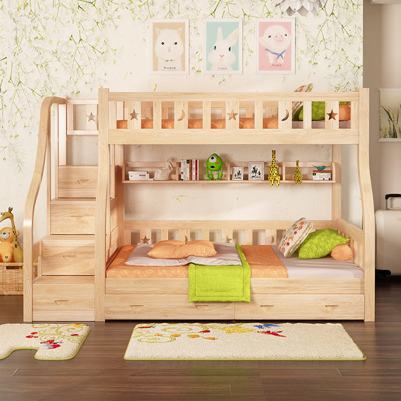 modern bedroom wooden bunk beds with stairs and storage