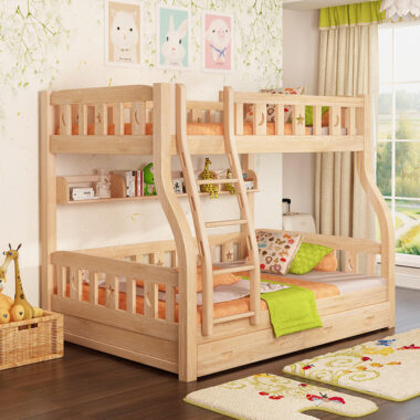 modern bedroom wooden bunk beds with stairs and storage