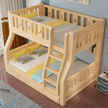 modern bedroom wooden bunk beds with stairs and storage