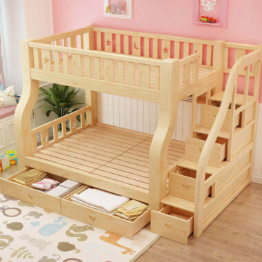 modern bedroom wooden bunk beds with stairs and storage