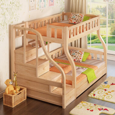 modern bedroom wooden bunk beds with stairs and storage