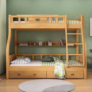 Bedroom wooden bunk beds with storage drawers and stairs