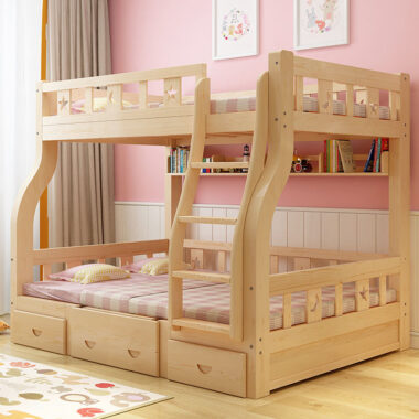Bedroom wooden bunk beds with storage drawers and stairs