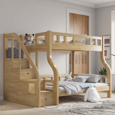 Bedroom wooden bunk beds with storage drawers and stairs