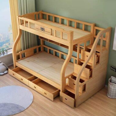 Bedroom wooden bunk beds with storage drawers and stairs