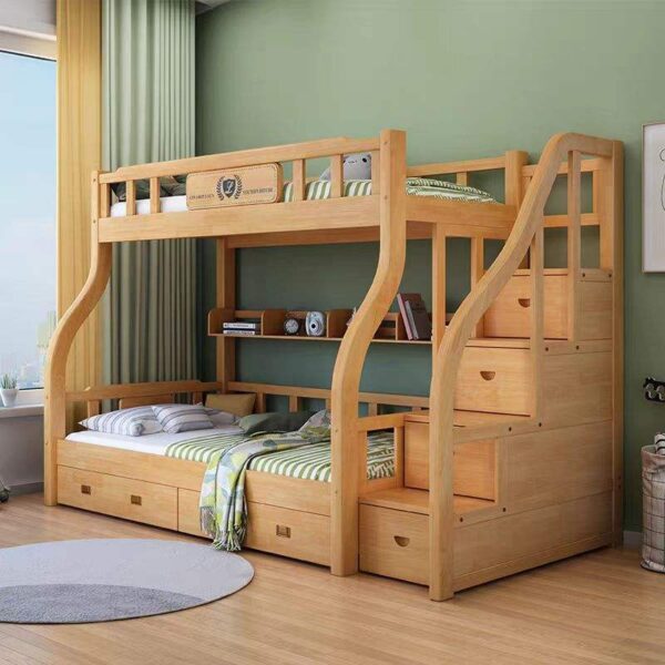Bedroom wooden bunk beds with storage drawers and stairs