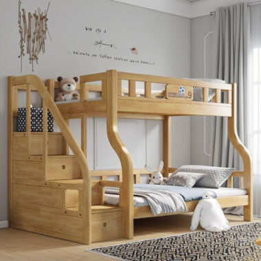 Bedroom wooden bunk beds with storage drawers and stairs