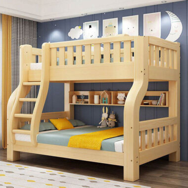 Bedroom wooden bunk beds with storage drawers and stairs