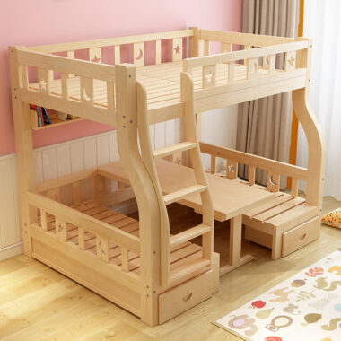 Bedroom wooden bunk beds with storage drawers and stairs