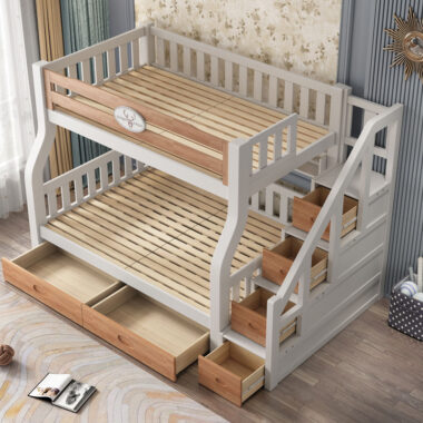 Kids wooden bunk beds with stairs storage for bedroom furniture