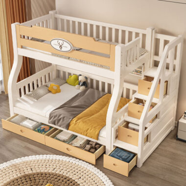 Kids wooden bunk beds with stairs storage for bedroom furniture