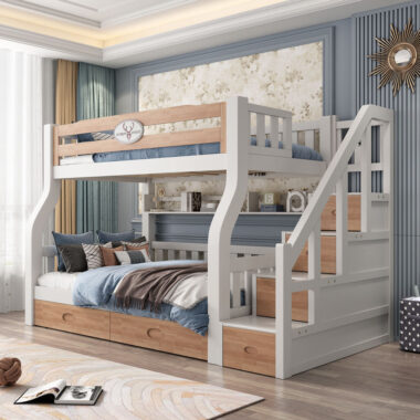 Kids wooden bunk beds with stairs storage for bedroom furniture