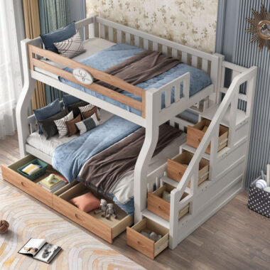 Kids wooden bunk beds with stairs storage for bedroom furniture